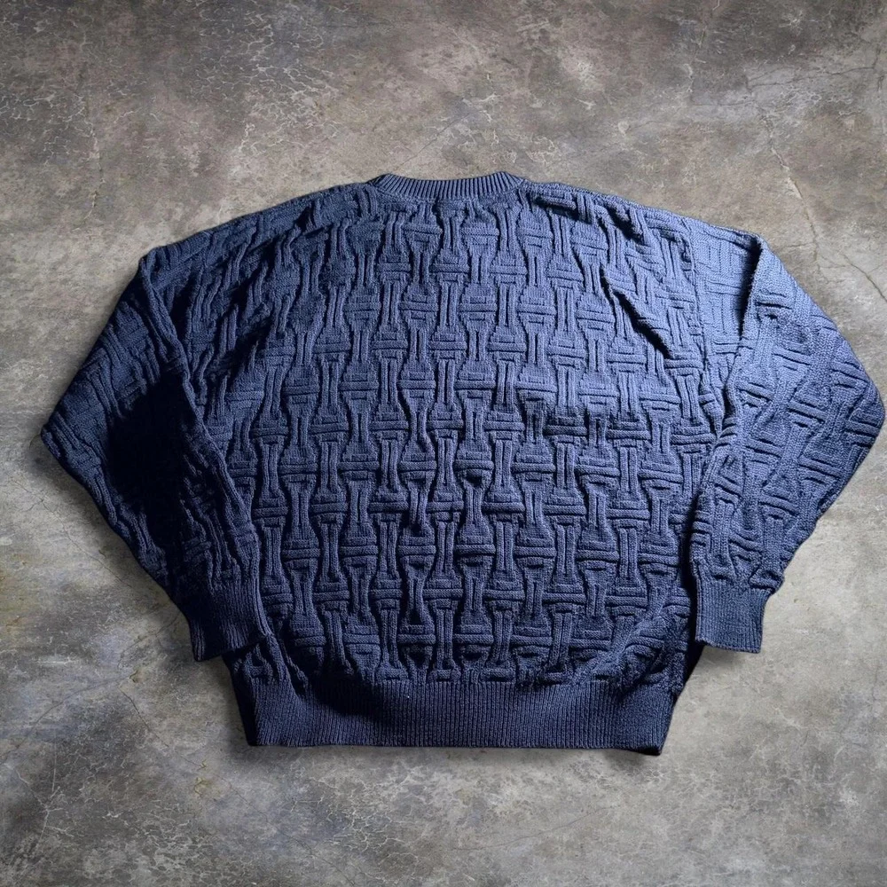 Ash Creek Traders Mens Navy Blue Geometric Cotton Knit Sweater Size L USA Made